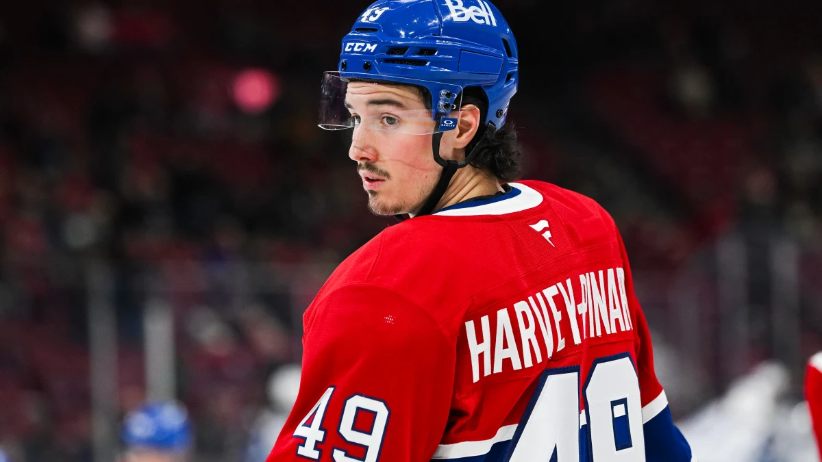 Montreal Canadiens left wing Rafael Harvey-Pinard (49) looks on during warm-up before the game against the Winnipeg Jets at Bell Centre.
