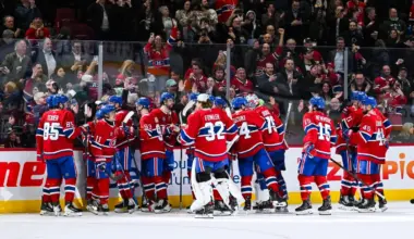 Montreal Canadiens players celebrate their victory over the Boston Bruins after the game at the Bell Centre.
