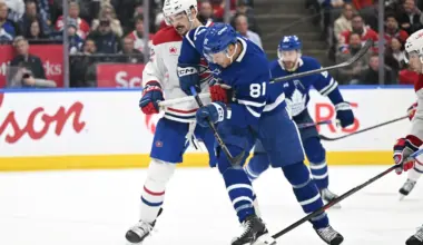 Montreal Canadiens defenseman Arber Xhekaj (72) earns a minor penalty for hooking Toronto Maple Leafs forward Dakota Joshua (81) in the third period at Scotiabank Arena.