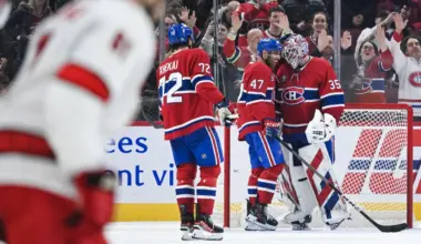 Montreal Canadiens goalie Sam Montembeault (35), defenseman Jayden Struble (47) and defenseman Arber Xhekaj (72) celebrate the win against the Carolina Hurricanes after the end of the game at Bell Centre.