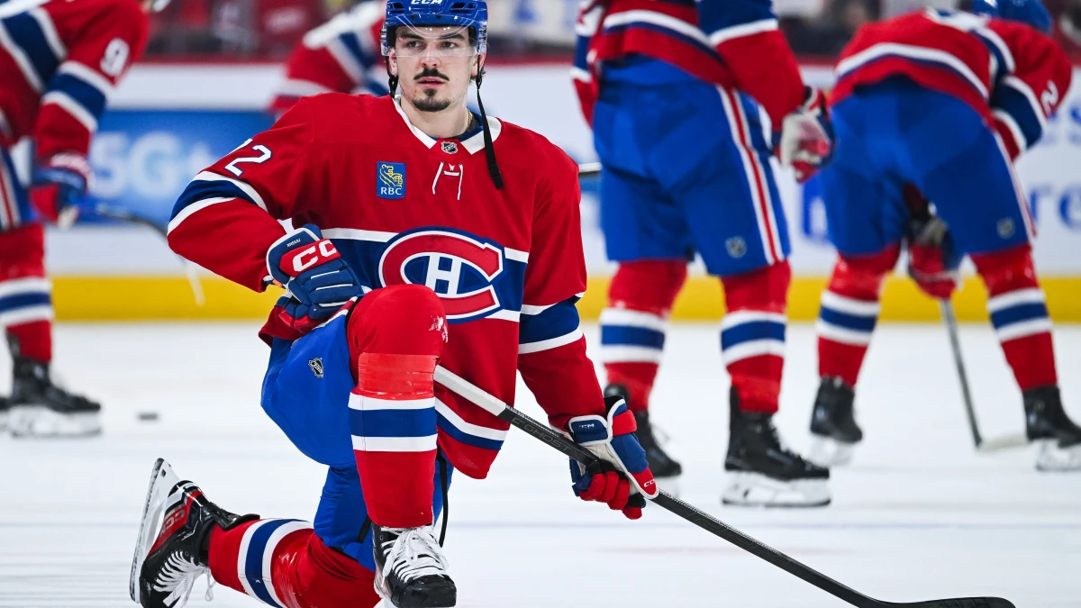 Montreal Canadiens defenseman Arber Xhekaj (72) stretches during warm-up before the game against the Detroit Red Wings at Bell Centre.
