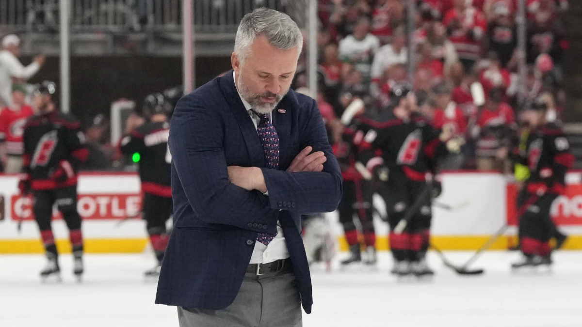 Montreal Canadiens head coach Martin St. Louis reacts as he walks on the ice after losing to the Carolina Hurricanes in game five of the Eastern Conference Final of the 2026 Stanley Cup Playoffs at Lenovo Center.