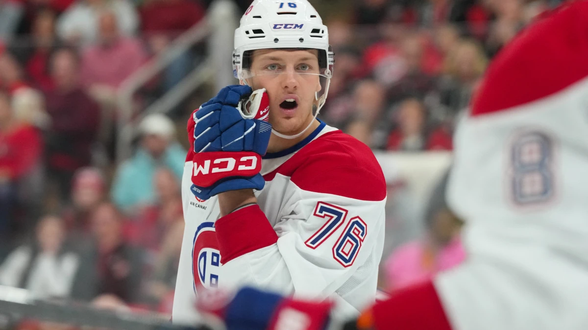 Montreal Canadiens right wing Zack Bolduc (76) reacts against the Carolina Hurricanes during the second period at Lenovo Center.