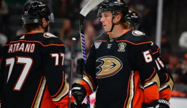 Anaheim Ducks defenseman Tristan Luneau (67) speaks with right wing Frank Vatrano (77) during the first period at Honda Center.