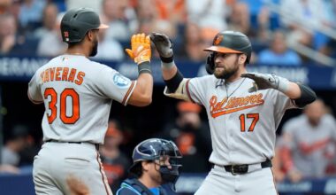 Baltimore Orioles' Colton Cowser (17) celebrates his two-run home run off Tampa Bay Rays pitcher Steven Matz with Leody Taveras (30) during the sixth inning of a baseball game Sunday, Aug. 16, 2026, in St. Petersburg, Fla. (AP Photo/Chris O'Meara)
