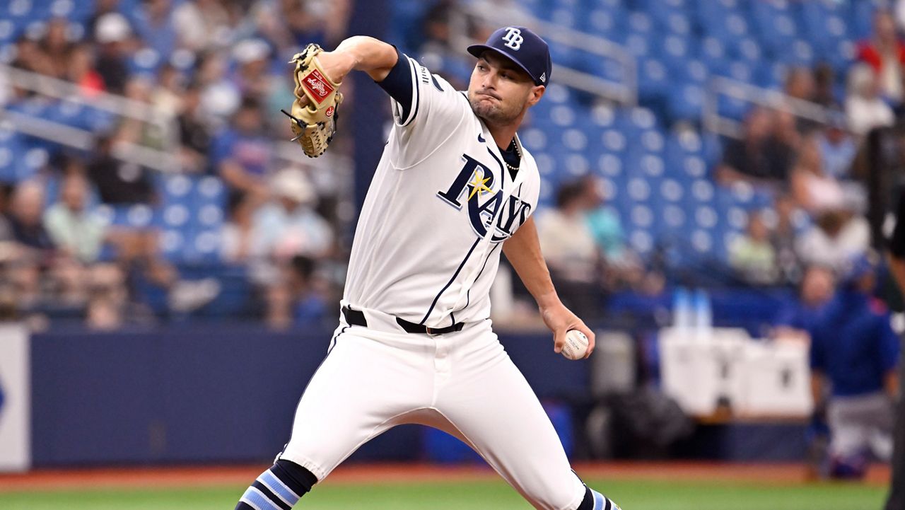 Tampa Bay Rays pitcher Shane McClanahan throws during the first inning of a baseball game against the Texas Rangers, Thursday, July 30, 2026, in St. Petersburg, Fla. (AP Photo/Jason Behnken)