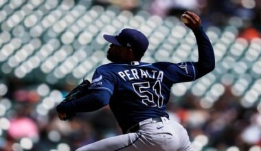 Tampa Bay Rays pitcher Freddy Peralta throws against the Detroit Tigers during the third inning of a baseball game Wednesday, Aug. 26, 2026, in Detroit. (AP Photo/Paul Sancya)