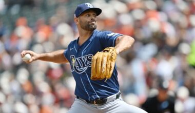 Tampa Bay Rays pitcher Nick Martinez delivers against the Baltimore Orioles in the first inning of a baseball game Sunday, Aug. 23, 2026, in Baltimore. (AP Photo/Gail Burton)