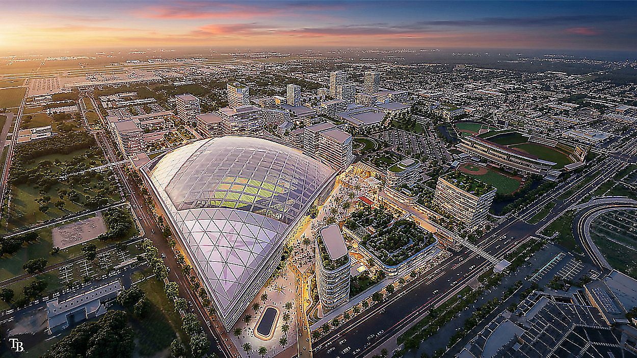 Rendering provided by the Rays of a new ballpark, revamped Hillsborough College and surrounding entertainment district. (Courtesy of Tampa Bay Rays)