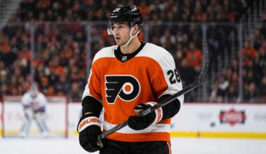 Alexander Romanov in a Philadelphia Flyers home jersey as the New York Islanders defenseman is linked to Philadelphia in NHL trade rumors.