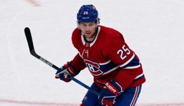 Brandon Carlo in a Montreal Canadiens home jersey amid NHL trade rumors linking the St. Louis Blues defenceman to Montreal
