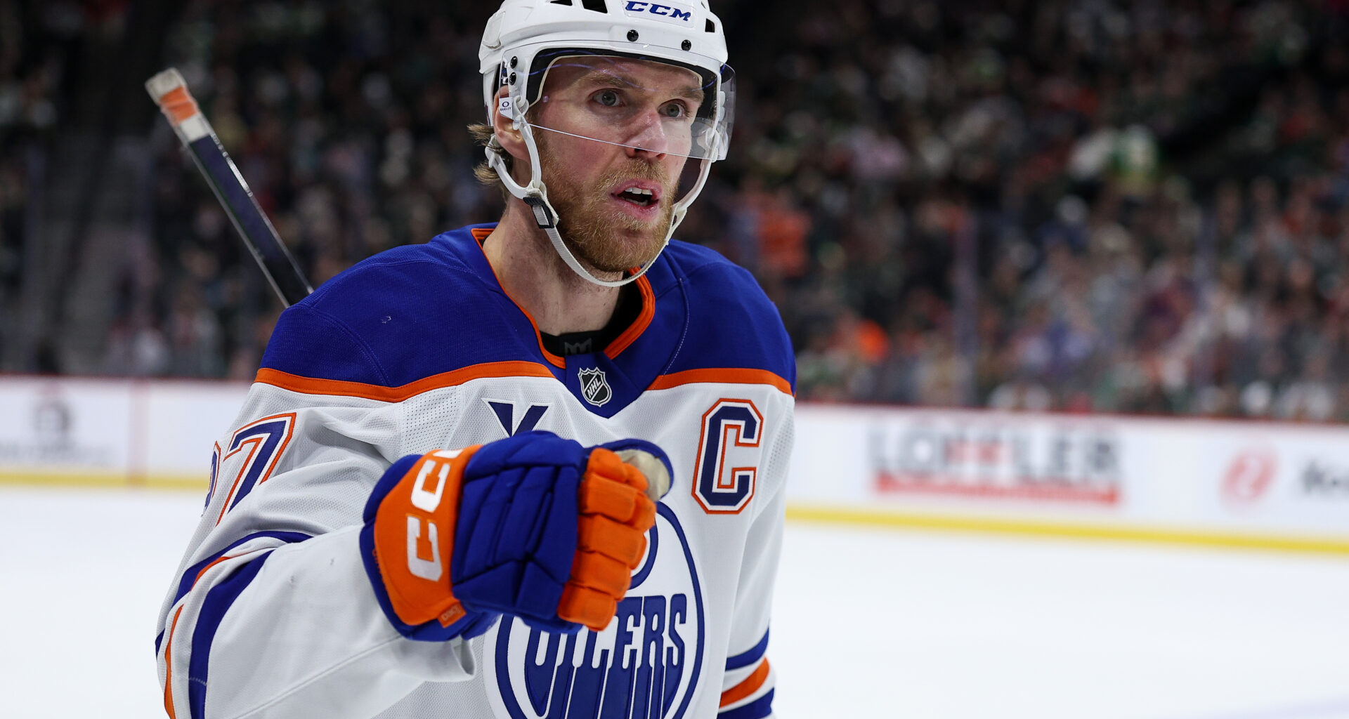 Edmonton Oilers center Connor McDavid (97) celebrates his goal. His team exited the 2026 NHL playoffs in first round after loss to Ducks