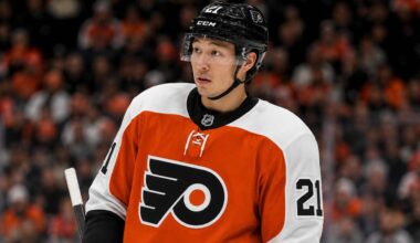 Jason Robertson wearing a Philadelphia Flyers home jersey in NHL trade rumor image linking the Dallas Stars star to Philadelphia