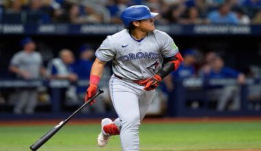 Toronto Blue Jays' Kazuma Okamoto, of Japan, watches his home run off Tampa Bay Rays pitcher Steven Matz during the fifth inning of a baseball game Tuesday, Aug. 18, 2026, in St. Petersburg, Fla. (AP Photo/Chris O'Meara)