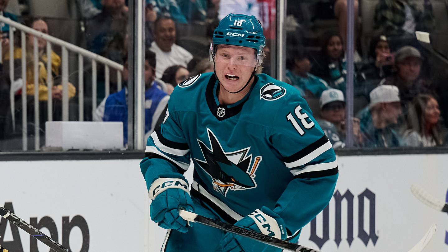 Sep 26, 2025; San Jose, California, USA; Vegas Golden Knights right wing Ben Hemmerling (63) skates against San Jose Sharks center Filip Bystedt (18) during the first period at SAP Center at San Jose. Mandatory Credit: Robert Edwards-Imagn Images