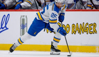Apr 5, 2026; Denver, Colorado, USA; St. Louis Blues right wing Jordan Kyrou (25) controls the puck in the third period against the Colorado Avalanche at Ball Arena. Mandatory Credit: Isaiah J. Downing-Imagn Images