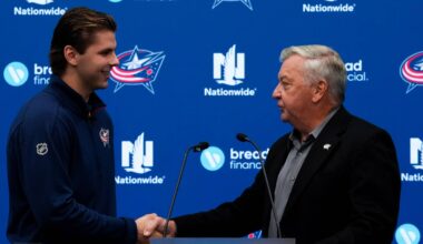 Sep 24, 2026; Columbus, Ohio, USA;  Columbus Blue Jackets’ Adam Fantilli, left, shakes hands with Columbus general manager and president of hockey operations Don Waddell, right, after signing a contract, before the game against the Pittsburgh Penguins at Nationwide Arena. Mandatory Credit: Aaron Doster-Imagn Images