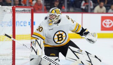 Sep 24, 2026; Philadelphia, Pennsylvania, USA; Boston Bruins goaltender Michael DiPietro (30) in action against the Philadelphia Flyers in the second period at Xfinity Mobile Arena. Mandatory Credit: Kyle Ross-Imagn Images