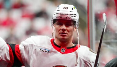 Apr 20, 2026; Raleigh, North Carolina, USA; Ottawa Senators center Tim Stützle (18) comes off the ice after the warmups before the game against the Carolina Hurricanes in game two of the first round of the 2026 Stanley Cup Playoffs at Lenovo Center. Mandatory Credit: James Guillory-Imagn Images