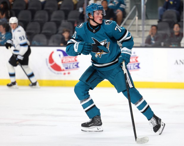 San Jose Sharks forward Jake Gustafson (70) skates against the Utah Mammoth during the first period of their game in the 2026 Rookie Faceoff on Sunday, Sept. 13, 2026, in San Jose, Calif. (Aric Crabb/Bay Area News Group)