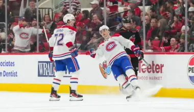 MontrŽal Canadiens left wing Juraj Slafkovsk? (20) celebrates his goal with defenseman Arber Xhekaj (72) during the third period against the Carolina Hurricanes at Lenovo Center.
