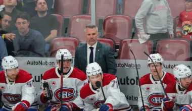 Montreal Canadiens head coach Martin St-Louis watches from the bench against the Florida Panthers during the third period at Amerant Bank Arena.