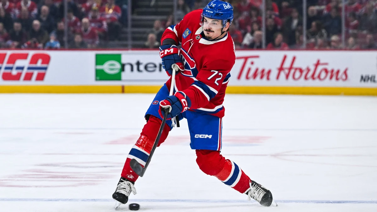 Montreal Canadiens defenseman Arber Xhekaj (72) shoots the puck against the Anaheim Ducks during the first period at Bell Centre.