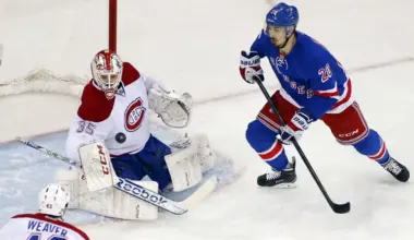 New York Rangers left wing Chris Kreider (20) shoots the puck against Montreal Canadiens goalie Dustin Tokarski (35) during the first period in game six of the Eastern Conference Final of the 2014 Stanley Cup Playoffs at Madison Square Garden.