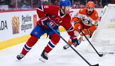 Montreal Canadiens defenseman Mike Matheson battles for the puck with Anaheim Ducks forward Chris Kreider during the first period at Bell Centre.