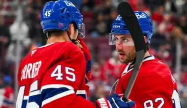 Montreal Canadiens defenseman Alexandre Carrier (45) has a discussion with left wing Lucas Condotta (82) against the Toronto Maple Leafs during the first period at Bell Centre.
