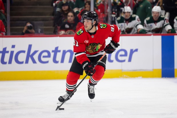 Blackhawks center Frank Nazar (91) handles the puck during the first period of the Blackhawks preseason opener against the Wild at the United Center Sept. 21, 2026 in Chicago. (Armando L. Sanchez/Chicago Tribune)