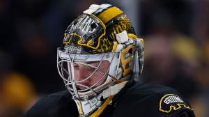 Jeremy Swayman #1 of the Boston Bruins looks on during the second period of the game against the Los Angeles Kings at TD Garden on March 10, 2026 in Boston, Massachusetts. The Bruins defeat the Kings 2-1.