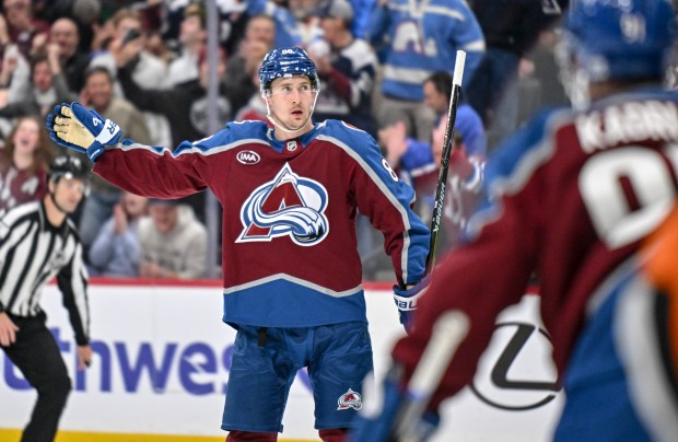 Martin Necas (88) of the Colorado Avalanche celebrates scoring against the Edmonton Oilers during the first period at Ball Arena on Tuesday, March 10, 2026. (Photo by AAron Ontiveroz/The Denver Post)