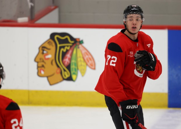 Defenseman Alex Vlasic practices Thursday, Sept. 17, 2026, during training camp at the Blackhawks Ice Center. (Brian Cassella/Chicago Tribune)