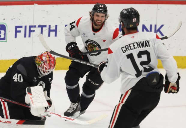 Left wing Landon Slaggert (84) practices Thursday, Sept. 17, 2026, during training camp at the Blackhawks Ice Center. (Brian Cassella/Chicago Tribune)