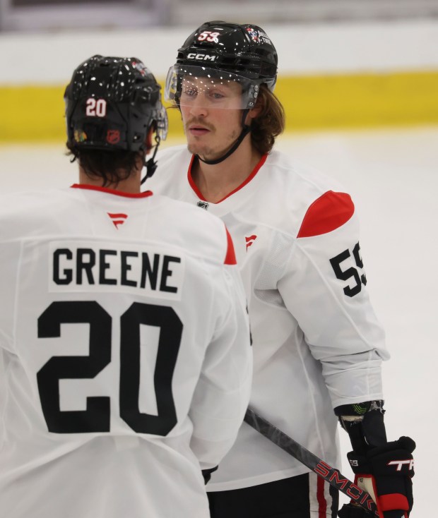 Left wing Tyler Bertuzzi (59) practices Thursday, Sept. 17, 2026, during training camp at the Blackhawks Ice Center. (Brian Cassella/Chicago Tribune)