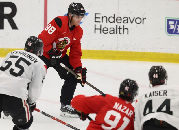 Right wing Patrick Kane practices Thursday, Sept. 17, 2026, during training camp at the Blackhawks Ice Center. (Brian Cassella/Chicago Tribune)