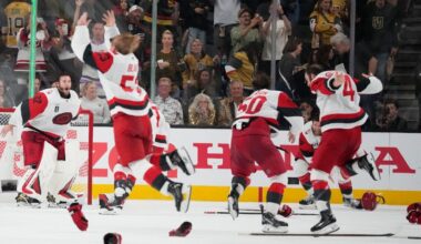 The Carolina Hurricanes celebrate after a win over the Vegas Golden Knights in Game 6 of the NHL hockey Stanley Cup Final series against the Vegas Golden Knights, Sunday, June 14, 2026, in Las Vegas. (AP Photo/John Locher)