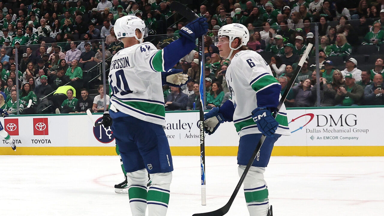 DALLAS, TEXAS - OCTOBER 16: Brock Boeser #6 of the Vancouver Canucks is congratulated by Elias Pettersson #40 following a goal against the Dallas Stars during the second period at American Airlines Center on October 16, 2025 in Dallas, Texas.