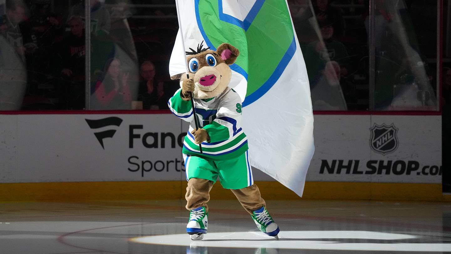 Jan 29, 2026; Raleigh, North Carolina, USA; Carolina Hurricanes mascot Stormy comes out onto the ice before the start of the game against the Utah Mammoth at Lenovo Center. Mandatory Credit: James Guillory-Imagn Images