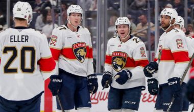 Florida Panthers center Carter Verhaeghe (23) celebrates his goal against the Columbus Blue Jackets during the third period at Nationwide Arena.  Mandatory Credit: Russell LaBounty-Imagn Images