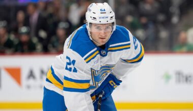 Oct 15, 2026; Saint Paul, Minnesota, USA;  St. Louis Blues right wing Jimmy Snuggerud (21) sets up for the face-off against the Minnesota Wild in the third period at Grand Casino Arena.  Mandatory Credit: Matt Blewett-Imagn Images
