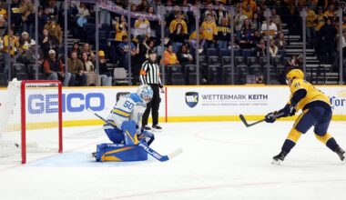 Oct 17, 2026; Nashville, Tennessee, USA;  Nashville Predators center Jonathan Marchessault (81) scores off a penalty shot against St. Louis Blues goaltender Jordan Binnington (50) during the first period at Bridgestone Arena.  Mandatory Credit: Alan Poizner-Imagn Images