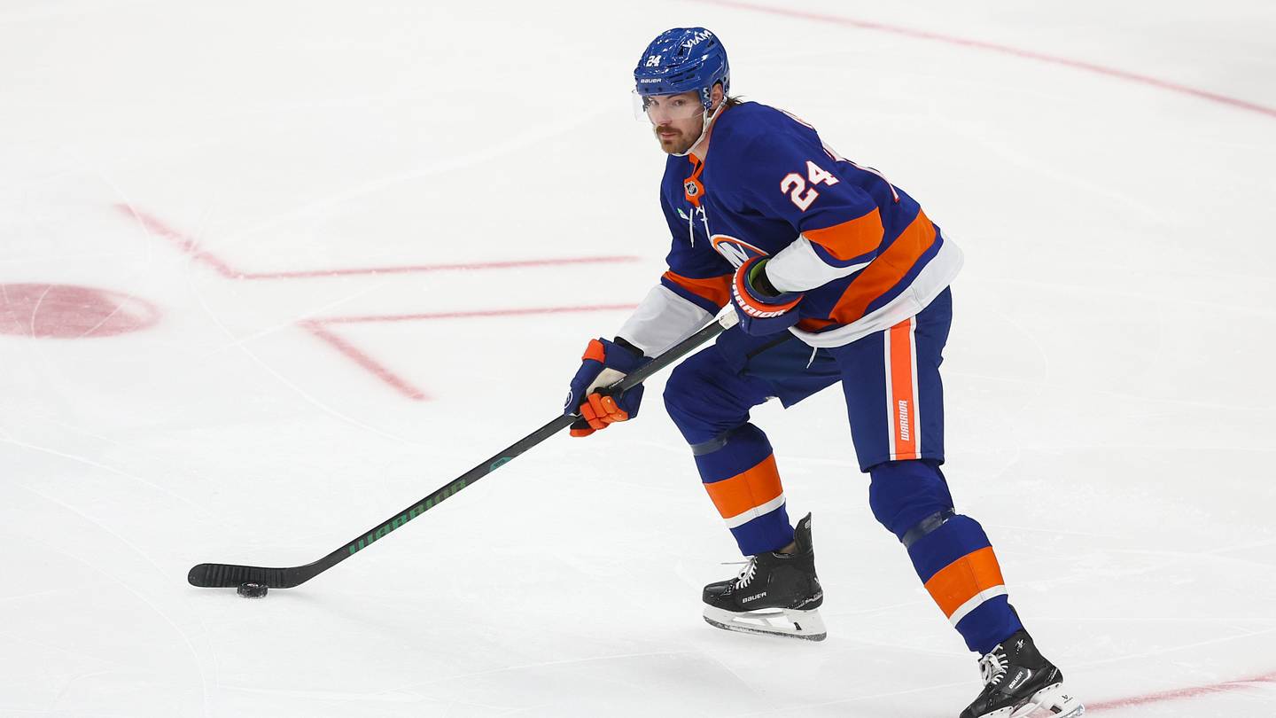 Mar 26, 2026; Elmont, New York, USA;  New York Islanders defenseman Scott Mayfield (24) at UBS Arena. Mandatory Credit: Wendell Cruz-Imagn Images