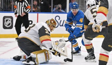 Vegas Golden Knights goaltender Adin Hill (33) makes a save against St. Louis Blues center Aleksanteri Kaskimaki (41) during the second period at Enterprise Center.  Mandatory Credit: Jeff Le-Imagn Images