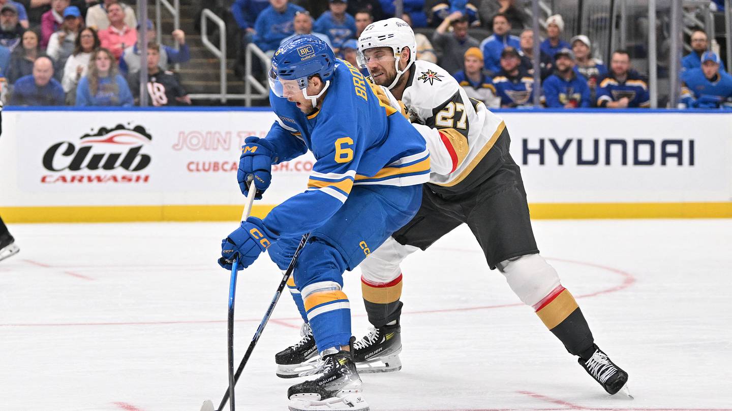 Oct 22, 2026; St. Louis, Missouri, USA;  Vegas Golden Knights defenseman Shea Theodore (27) pressures St. Louis Blues defenseman Philip Broberg (6) during the second period at Enterprise Center.  Mandatory Credit: Jeff Le-Imagn Images