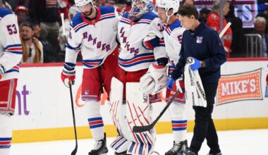 Rangers goalie Igor Shesterkin helped off ice with leg injury after awkward fall against Capitals