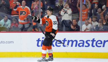 Oct 13, 2026; Philadelphia, Pennsylvania, USA; Philadelphia Flyers center Christian Dvorak (22) reacts after scoring a goal against the Seattle Kraken in the third period at Xfinity Mobile Arena.