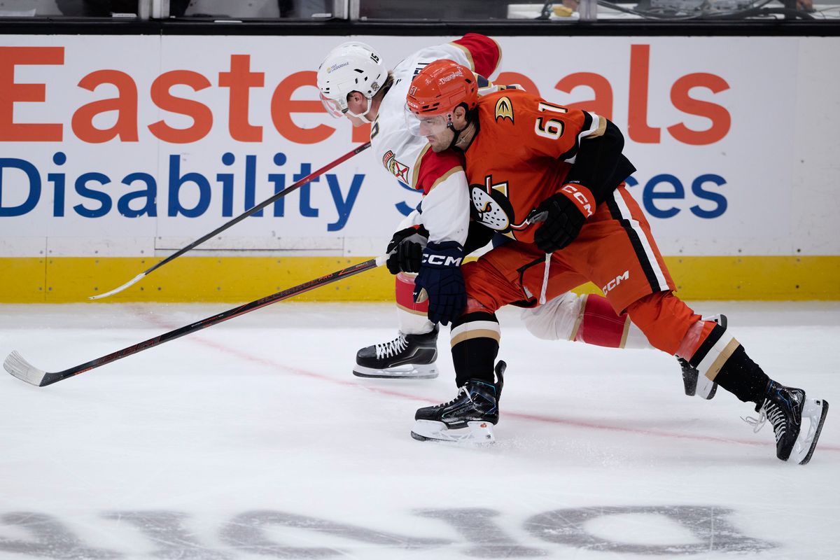 Anaheim Ducks right wing Cutter Gauthier #61 fights for the puck during an NHL game against The Florida Panthers on Sunday, October 4th, 2026 at Honda Center in Anaheim, California. Anaheim Ducks right wing Cutter Gauthier #61 fights for the puck during an NHL game against The Florida Panthers on Sunday, October 4th, 2026 at Honda Center in Anaheim, California.