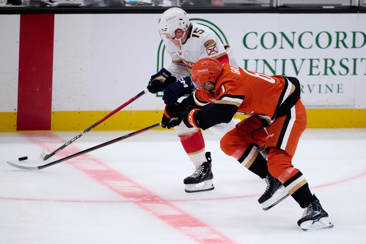 Anaheim Ducks right wing Cutter Gauthier #61 fights for the puck during an NHL game against The Florida Panthers on Sunday, October 4th, 2026 at Honda Center in Anaheim, California. Anaheim Ducks right wing Cutter Gauthier #61 fights for the puck during an NHL game against The Florida Panthers on Sunday, October 4th, 2026 at Honda Center in Anaheim, California.